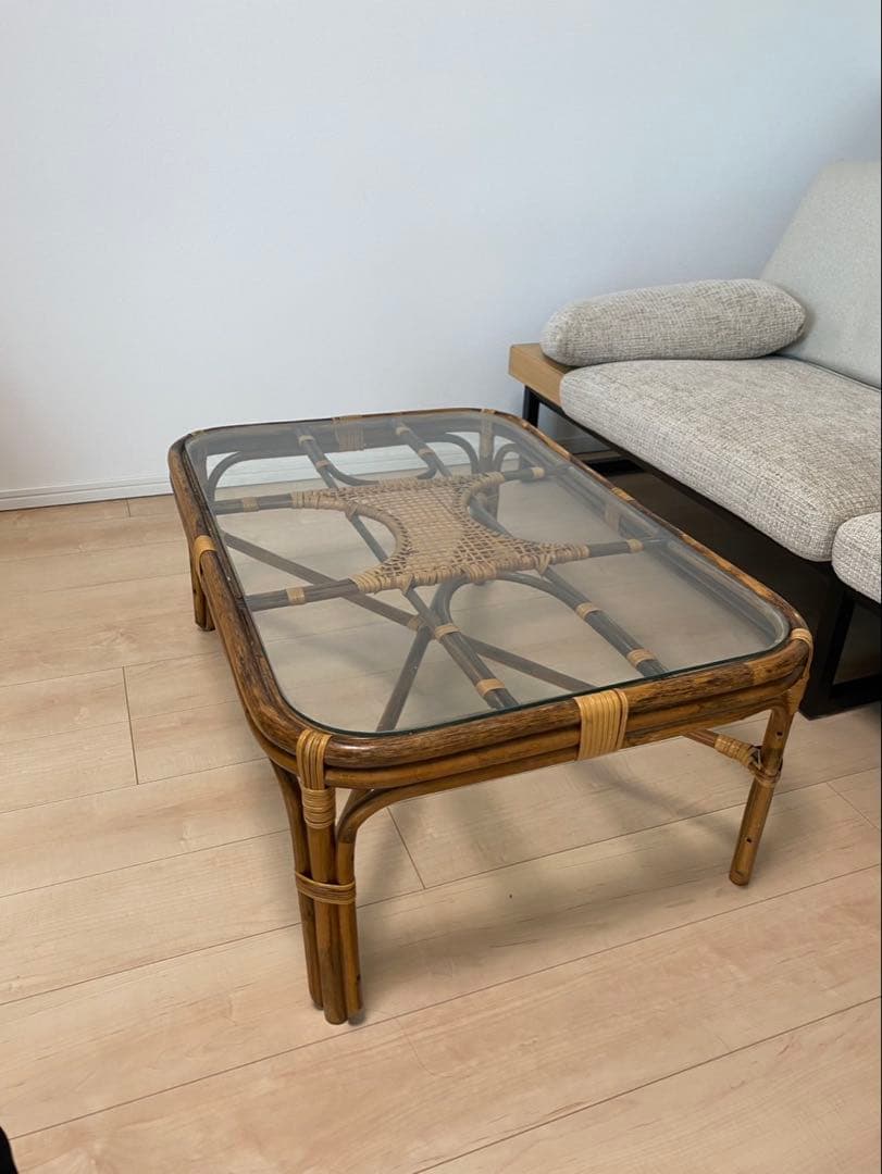 ガラス天板 ラタン製センターテーブル