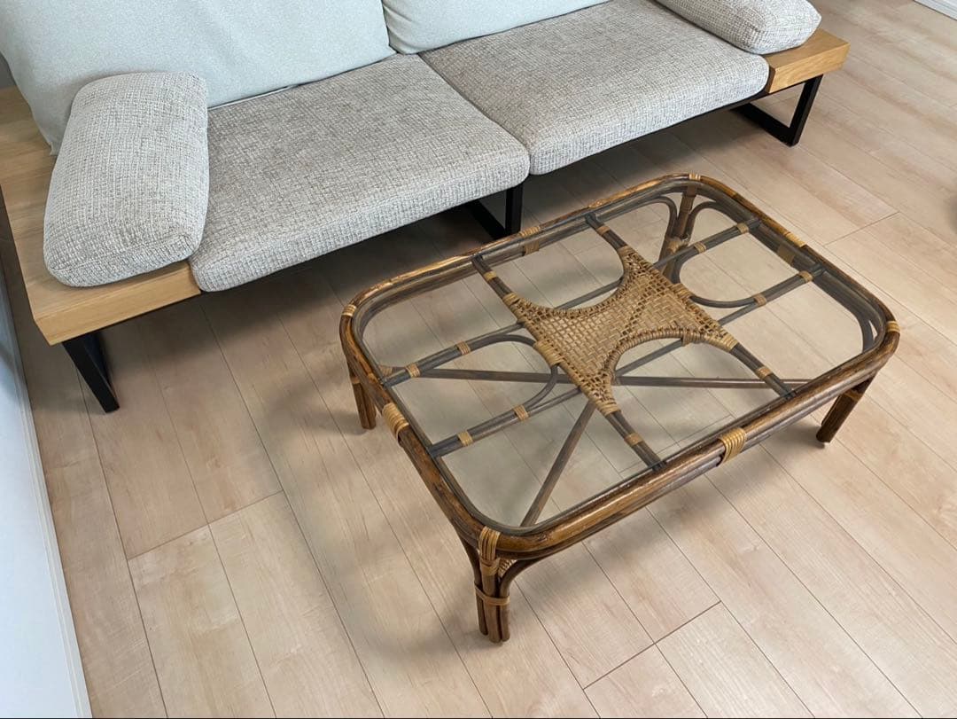 ガラス天板 ラタン製センターテーブル