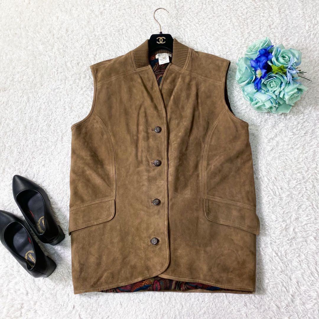 極美品！グッチ レザーベストGG金ボタン 裏地総ペイズリー柄 ヴィンテージXL