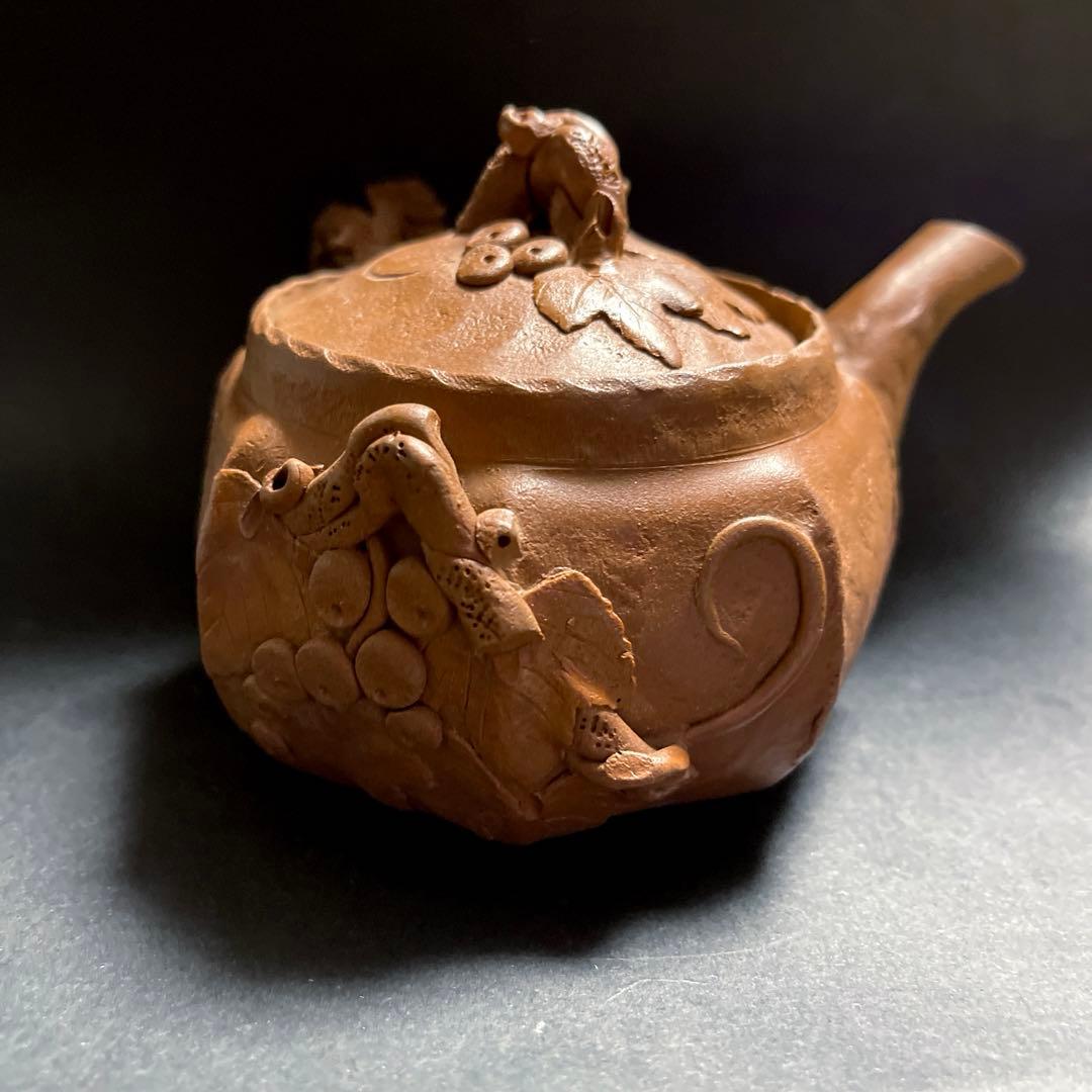 田島万古焼 勝三窯　手捻り急須と湯呑　葡萄　蛙摘み3点セット