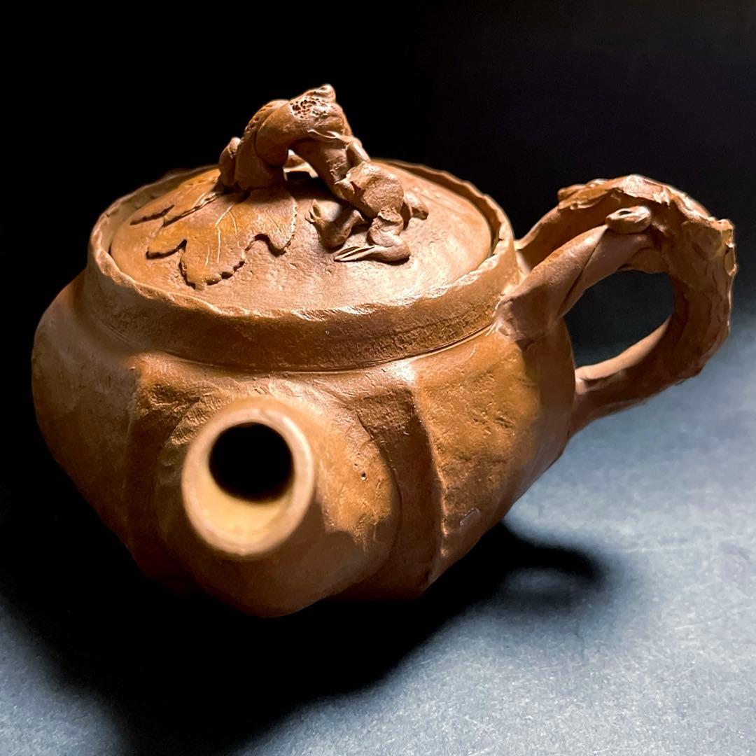 田島万古焼 勝三窯　手捻り急須と湯呑　葡萄　蛙摘み3点セット