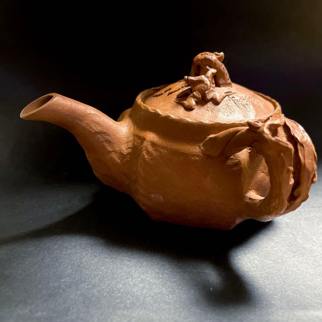 田島万古焼 勝三窯　手捻り急須と湯呑　葡萄　蛙摘み3点セット