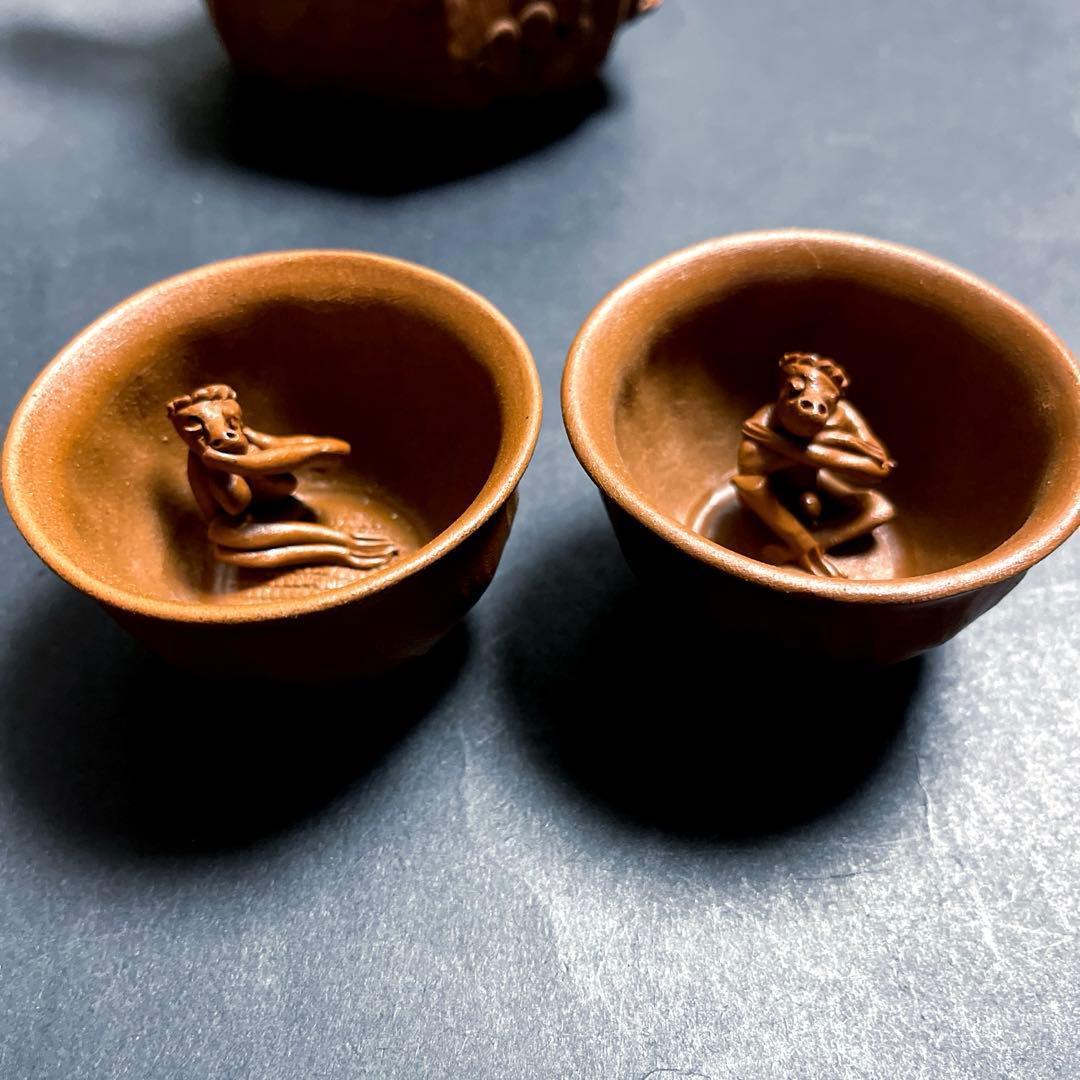 田島万古焼 勝三窯　手捻り急須と湯呑　葡萄　蛙摘み3点セット