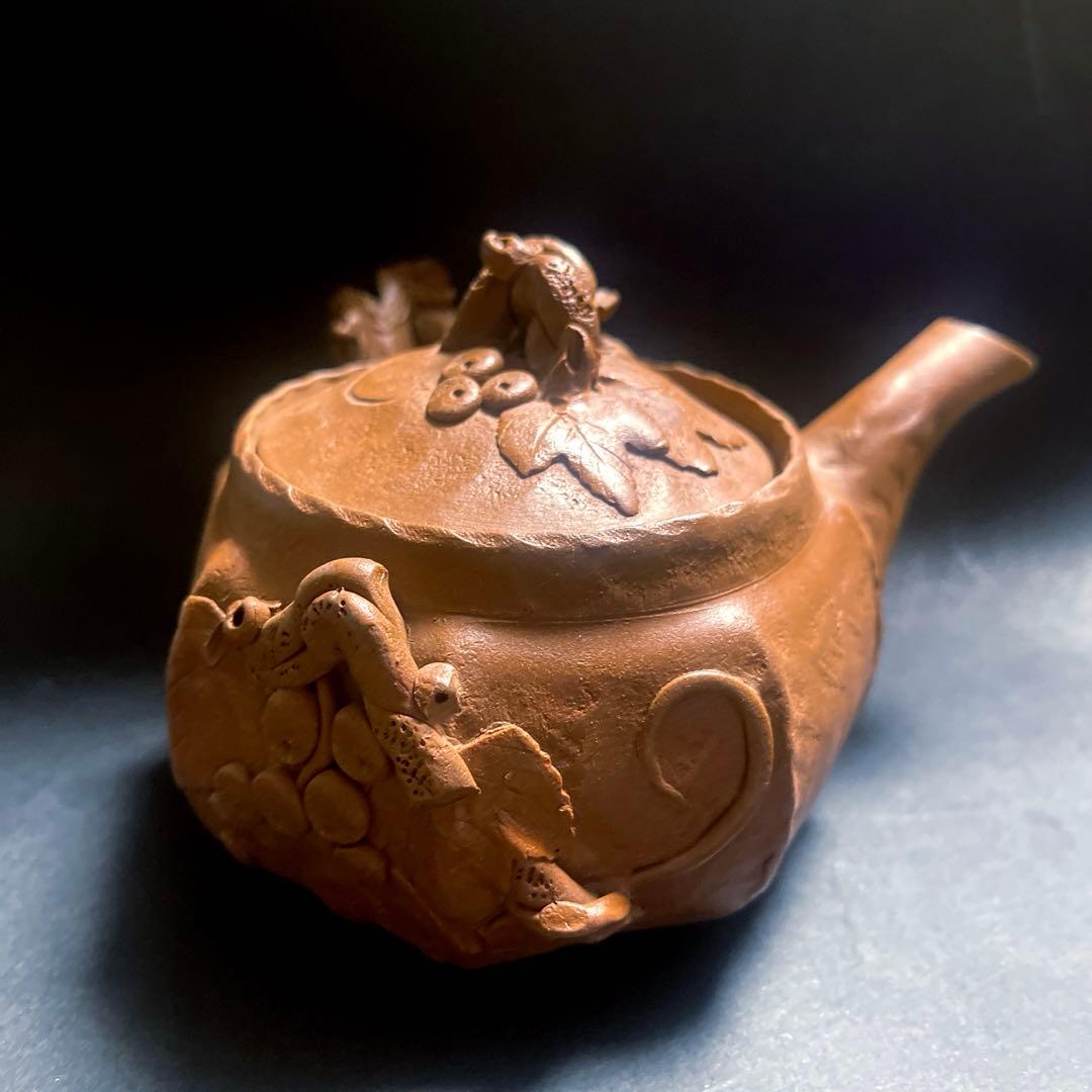 田島万古焼 勝三窯　手捻り急須と湯呑　葡萄　蛙摘み3点セット