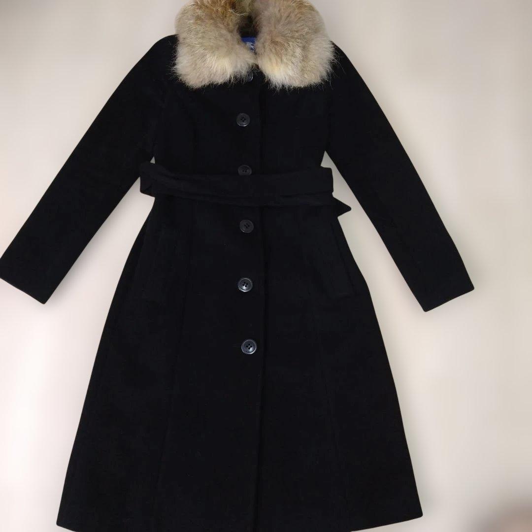 美品　バーバリーブルーレーベル ノバチェック38　ロングコート襟フォックス