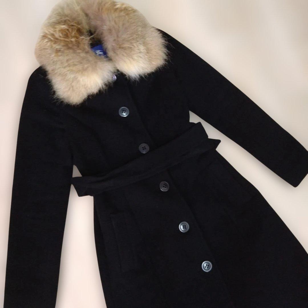 美品　バーバリーブルーレーベル ノバチェック38　ロングコート襟フォックス