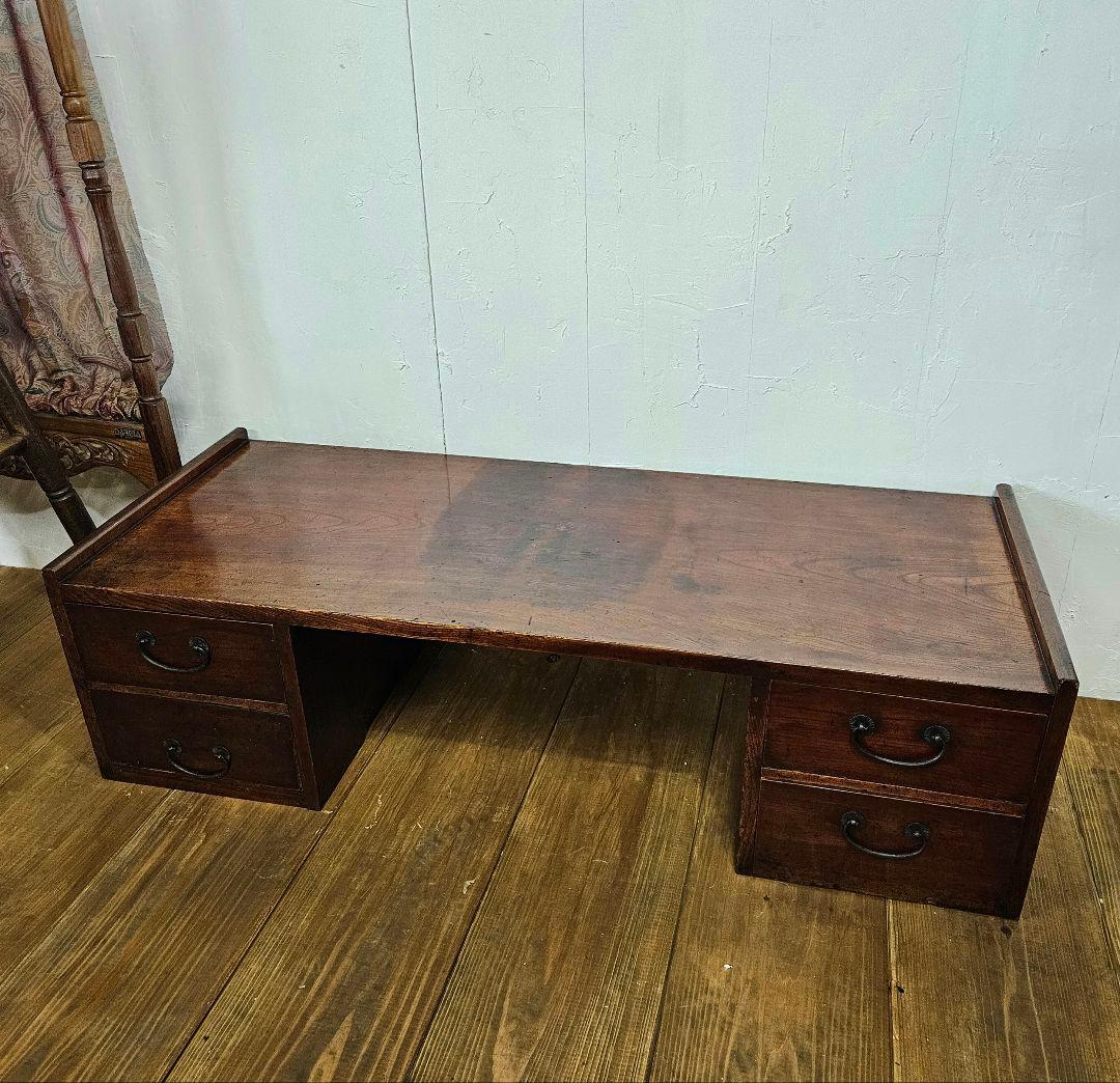 日本のアンティーク 漆塗りの文机 飾り台 抽斗 勉強机 座卓 木地呂塗り 古家具