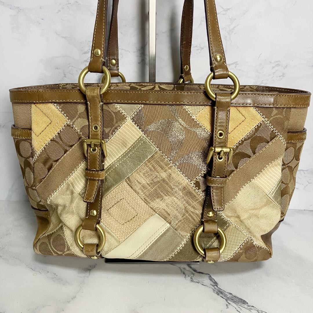 B912【A4収納可能】COACH★パッチワーク トートバッグ 茶系 12527