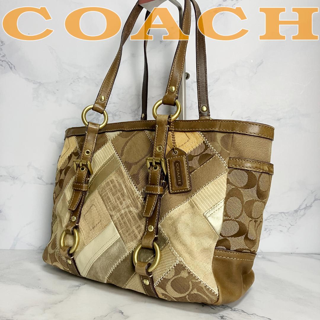 B912【A4収納可能】COACH★パッチワーク トートバッグ 茶系 12527