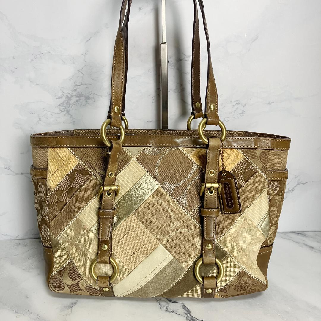 B912【A4収納可能】COACH★パッチワーク トートバッグ 茶系 12527