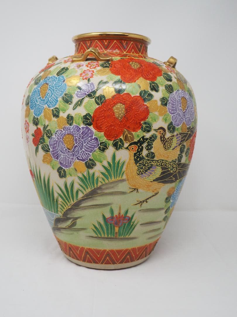 色絵金彩花鳥図　花瓶　薩摩焼　耳付壺　-SO