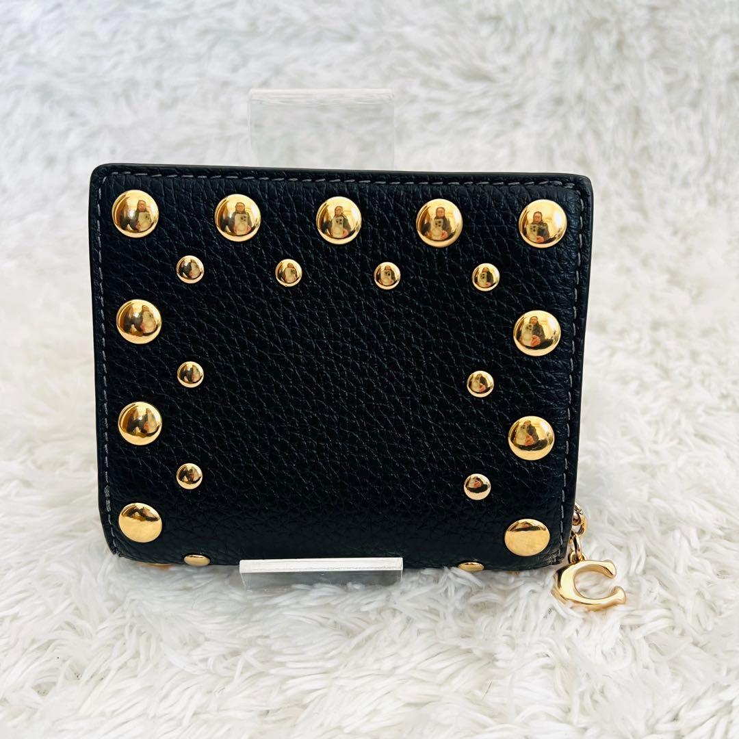新品　正規品　COACH コーチ　ブラック　スタッズ レザー 二つ折り財布
