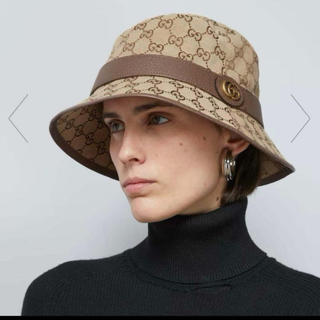 GUCCI GGパターン バケットハット　ベージュ、ブラウン　58M