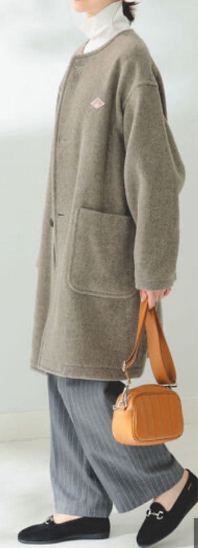 1回着　DANTON ダントン　ブラウン ノーカラーウールロングコート 36