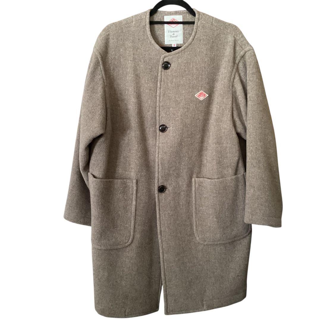 1回着　DANTON ダントン　ブラウン ノーカラーウールロングコート 36