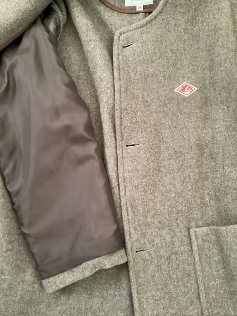 1回着　DANTON ダントン　ブラウン ノーカラーウールロングコート 36