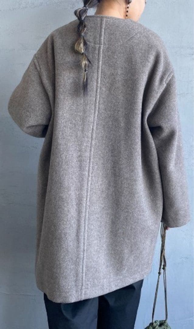 1回着　DANTON ダントン　ブラウン ノーカラーウールロングコート 36