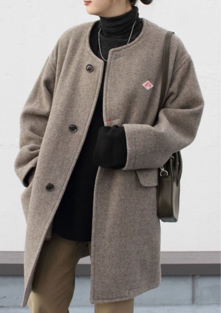 1回着　DANTON ダントン　ブラウン ノーカラーウールロングコート 36