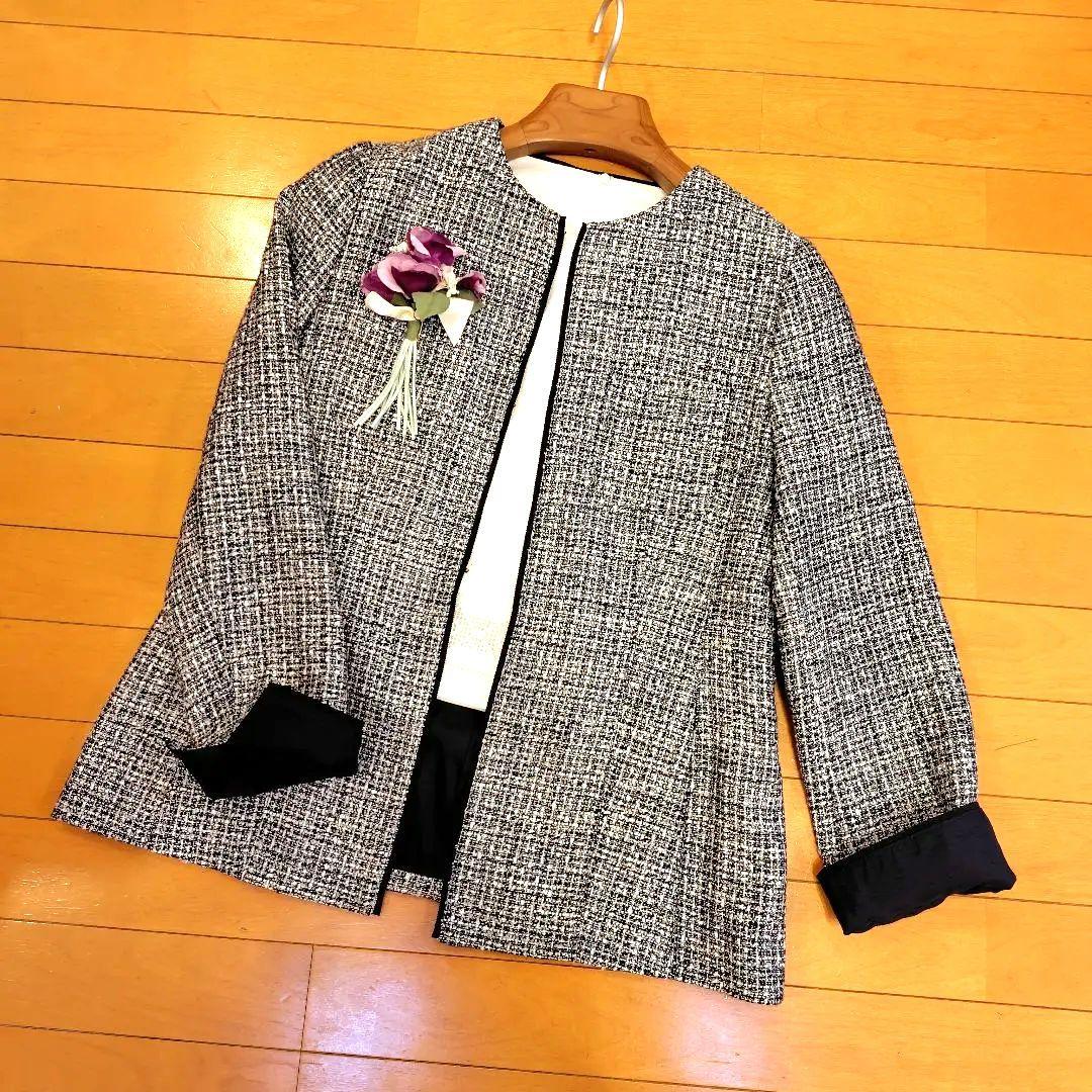 お*ん様 レリアン 近年モデル ノーカラー白黒ツイードジャケット11L