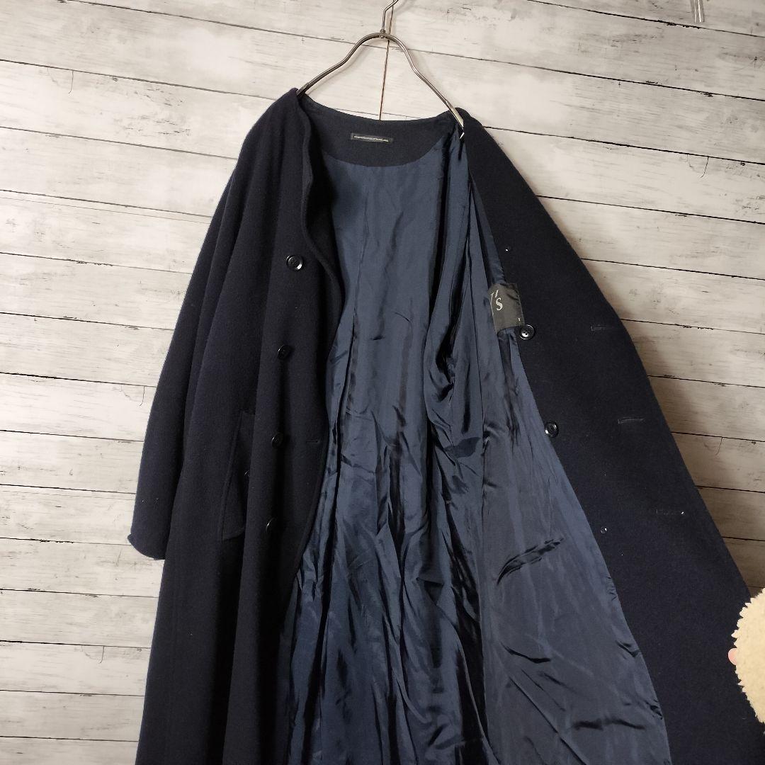 ワイズY's ヨウジヤマモト ノーカラーロングコート ダブルボタン ラグラン袖