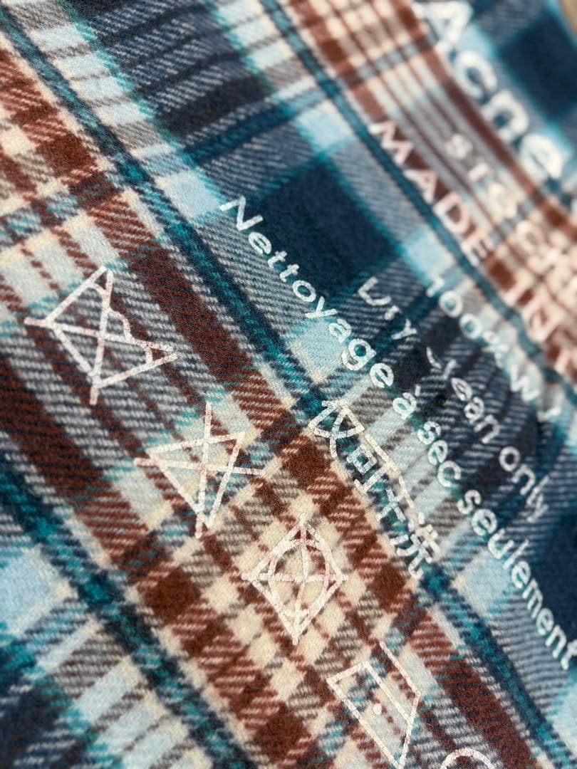 美品 Acne Studios 大判 ウール マフラー チェック ブルー