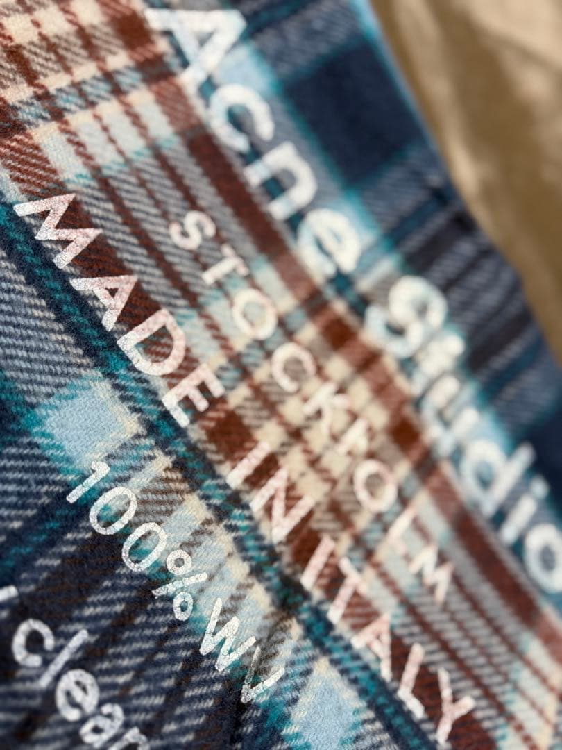 美品 Acne Studios 大判 ウール マフラー チェック ブルー