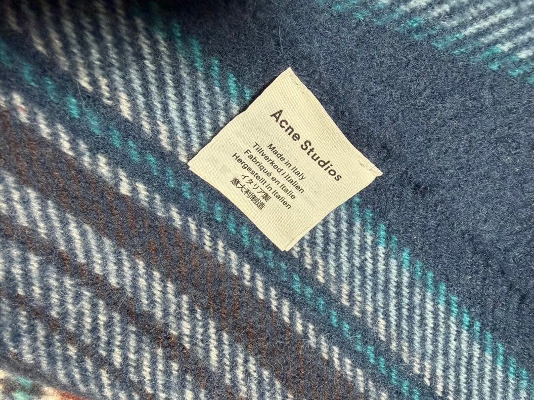 美品 Acne Studios 大判 ウール マフラー チェック ブルー