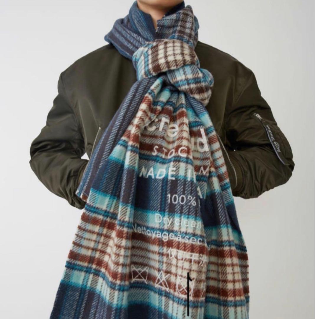 美品 Acne Studios 大判 ウール マフラー チェック ブルー