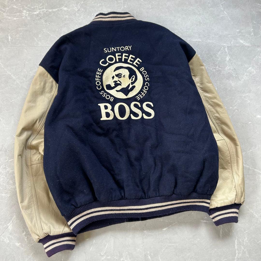 希少 90s 非売品 Boss スタジャン 袖レザー 本革 刺繍 企業系 古着