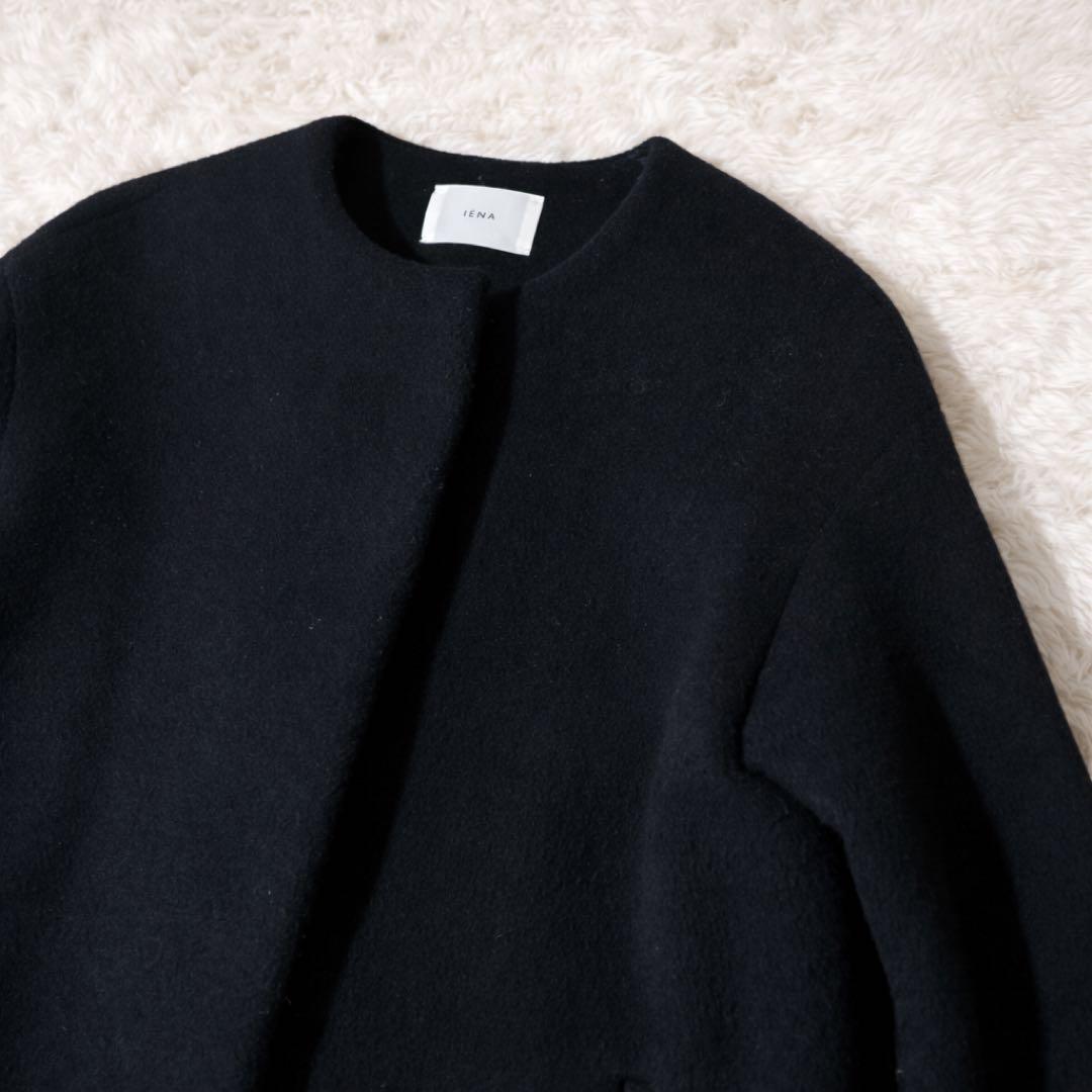 美品✨IENA ラムウール ノーカラーコート ブラック ロング レディース38