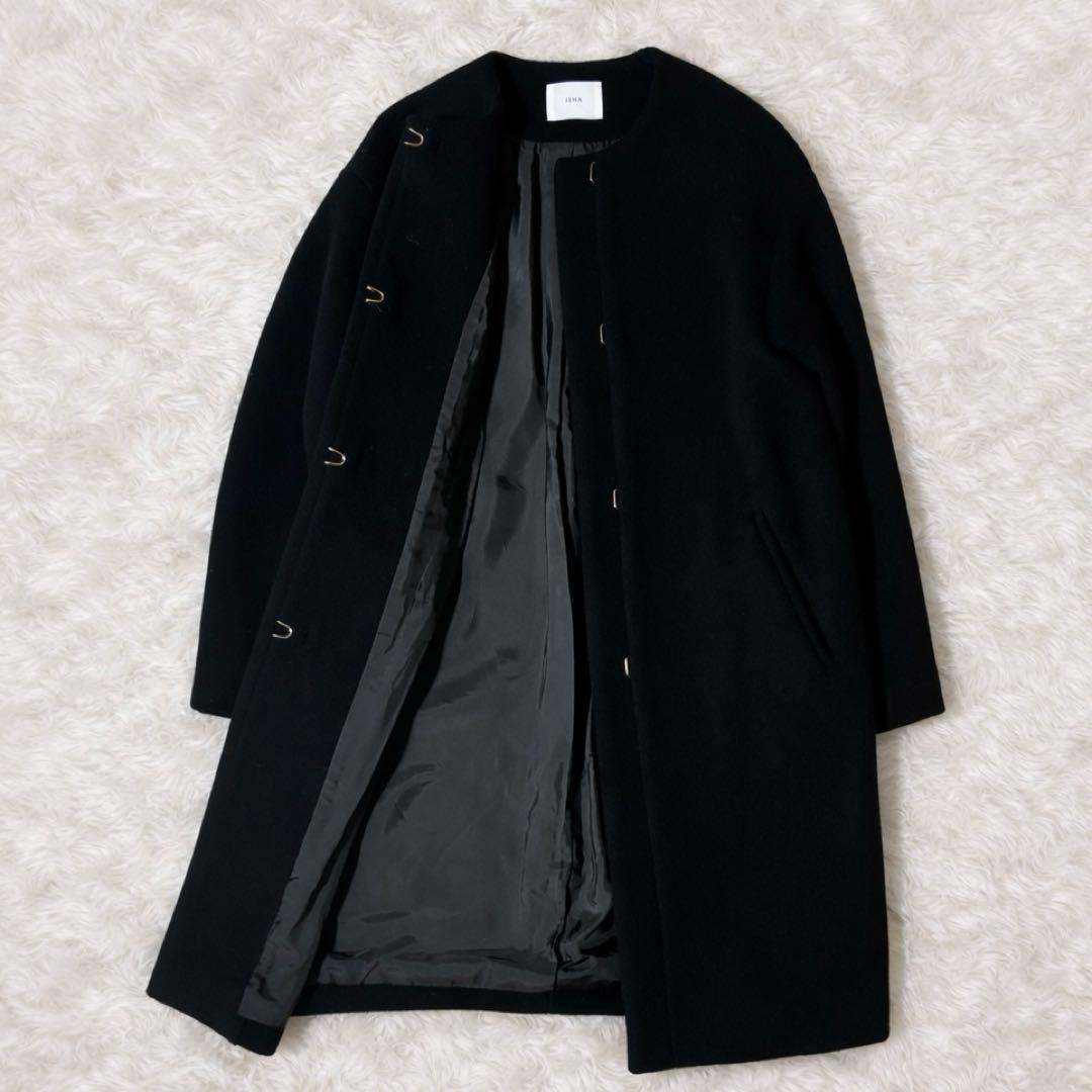 美品✨IENA ラムウール ノーカラーコート ブラック ロング レディース38