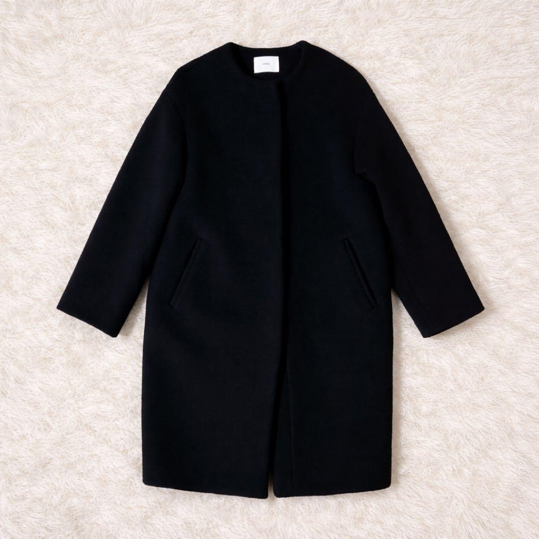 美品✨IENA ラムウール ノーカラーコート ブラック ロング レディース38