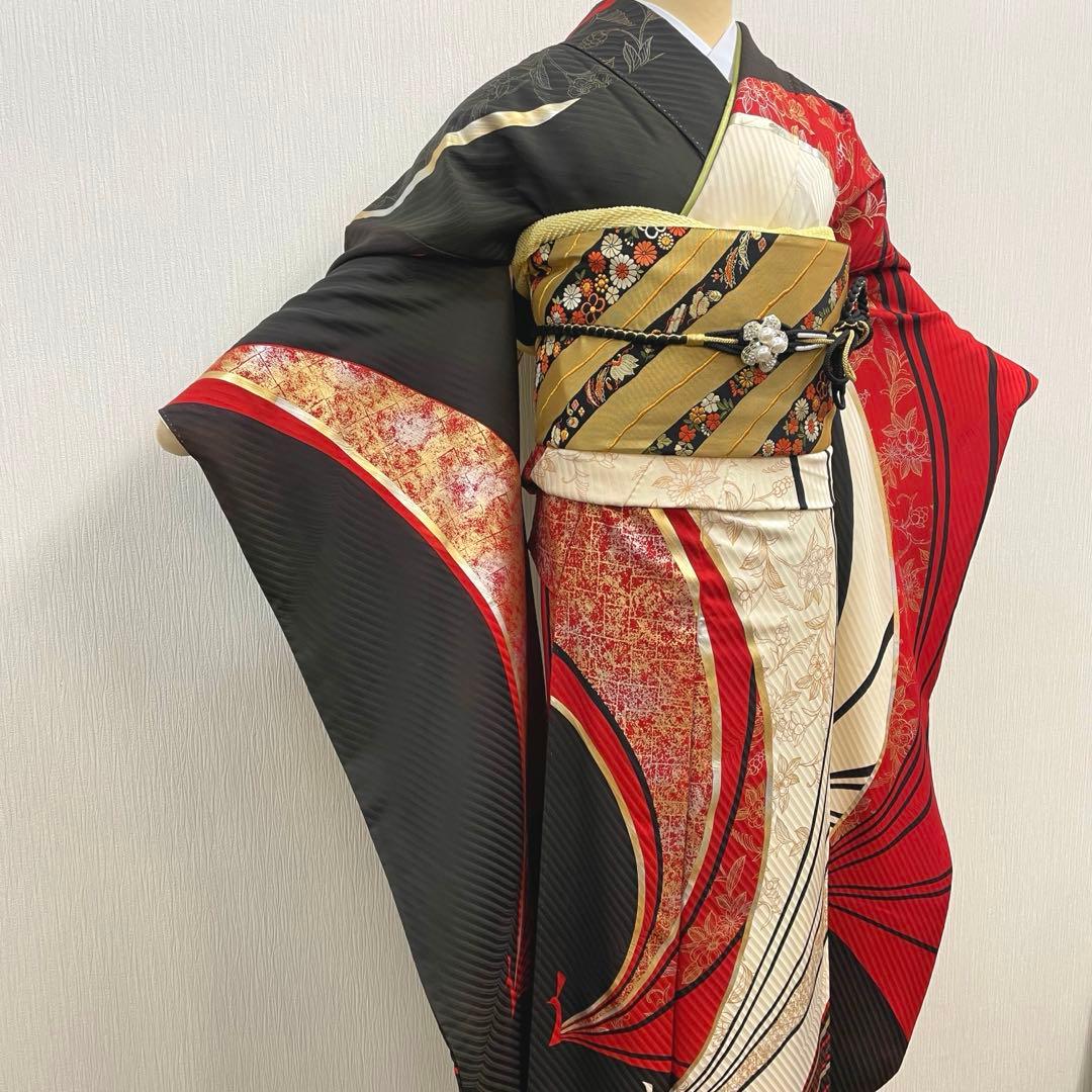 梅乃【151】正絹　振袖　フルセット　前撮り　成人式　撮影　大人　黒　赤　金