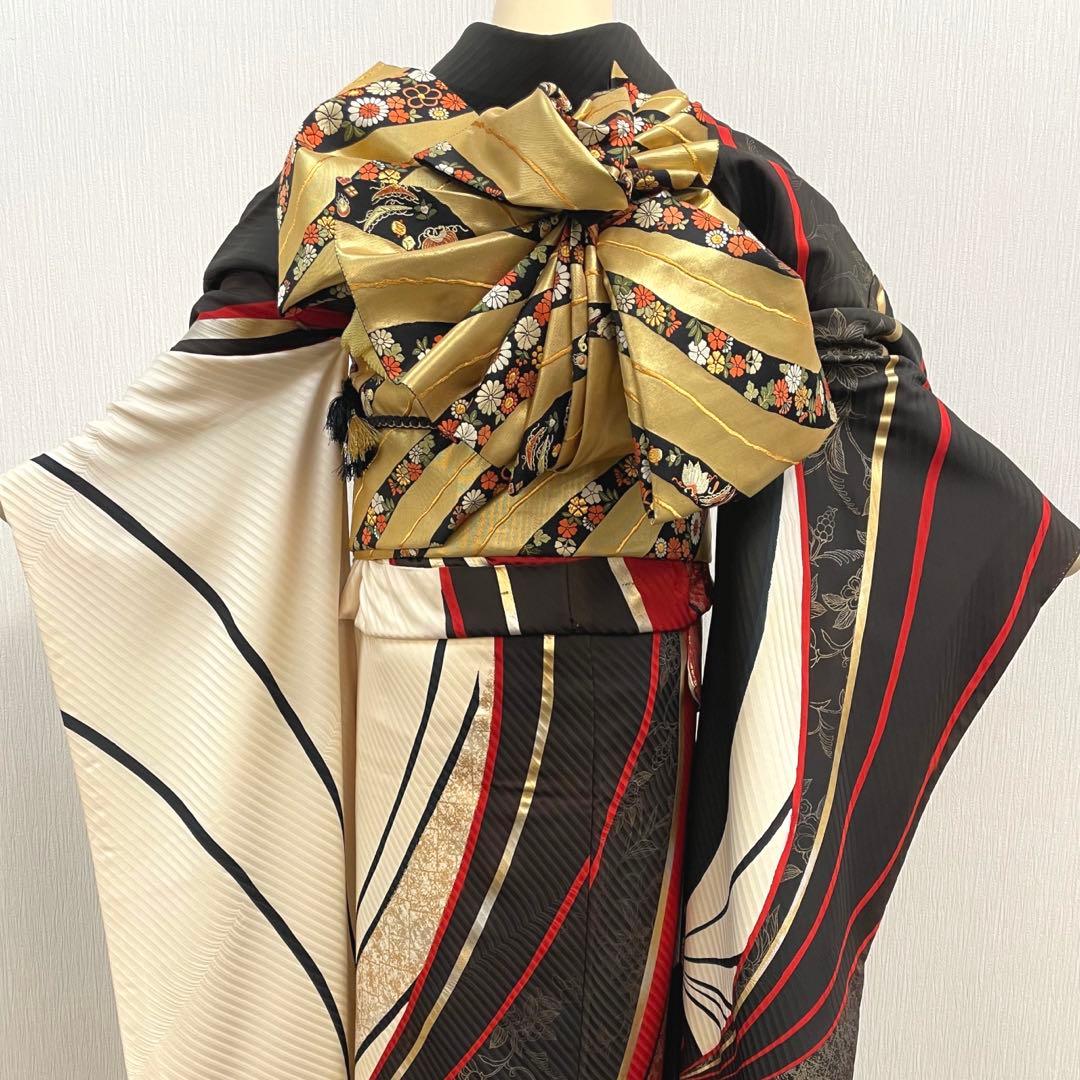 梅乃【151】正絹　振袖　フルセット　前撮り　成人式　撮影　大人　黒　赤　金