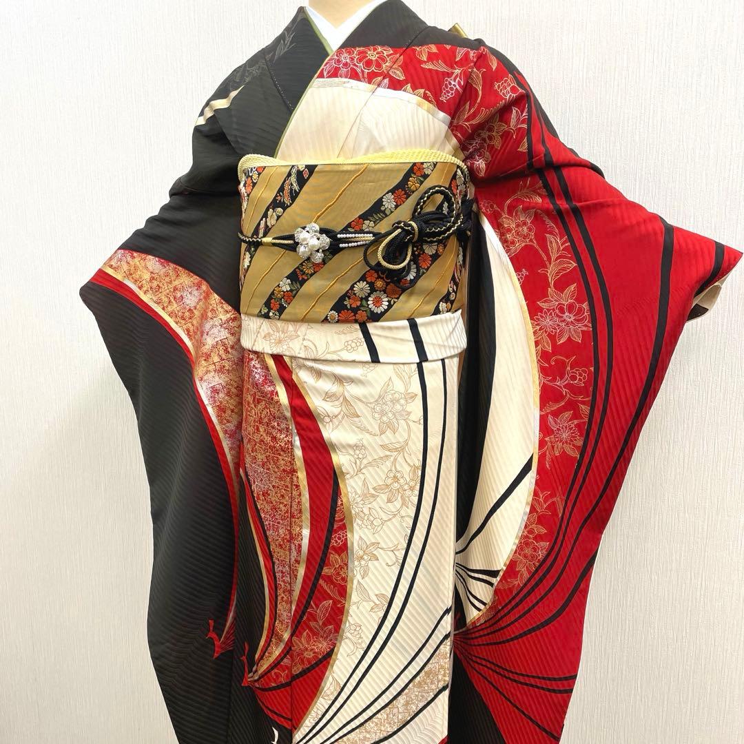 梅乃【151】正絹　振袖　フルセット　前撮り　成人式　撮影　大人　黒　赤　金