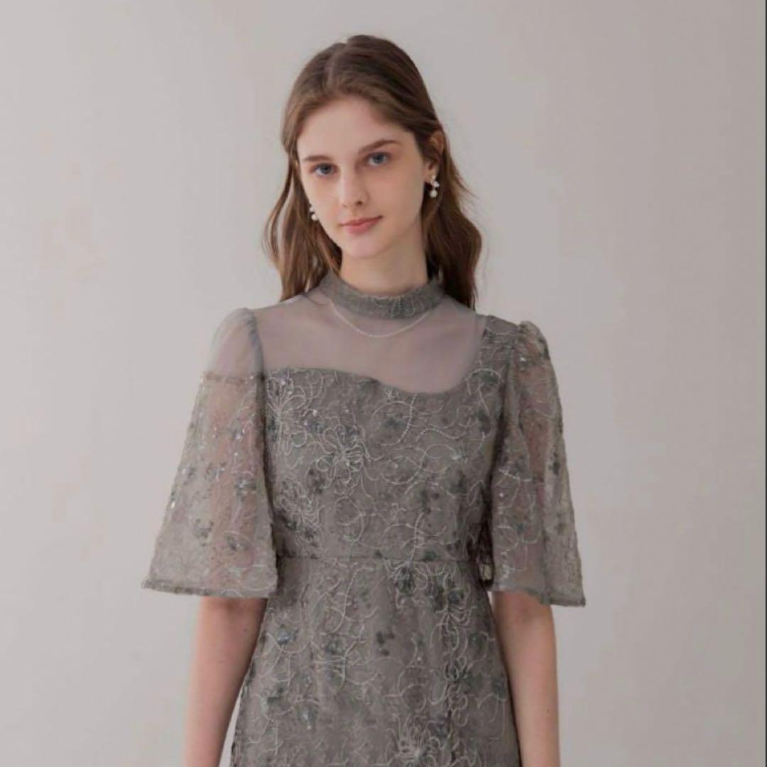 LEJA 花柄刺繍スパンコールベロアスリット Iラインドレス M 結婚式ドレス