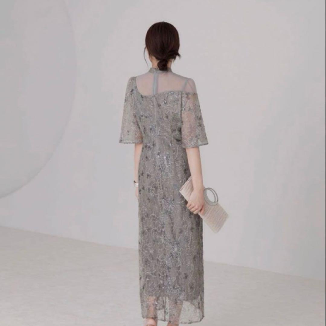 LEJA 花柄刺繍スパンコールベロアスリット Iラインドレス M 結婚式ドレス