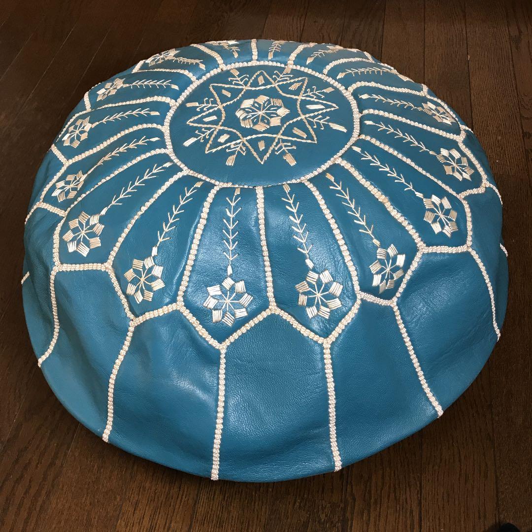 モロッコ　クッション　プフ（ブルー＆ホワイト）