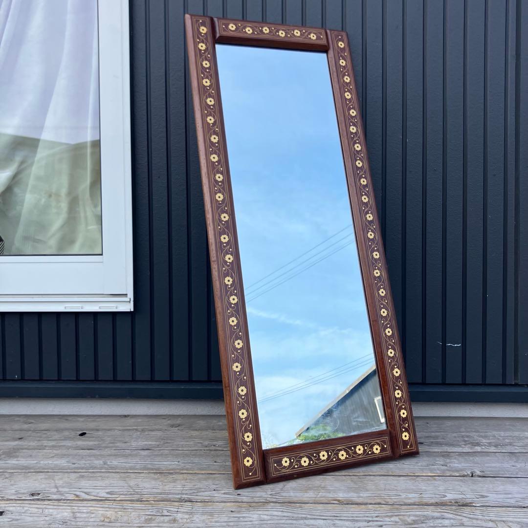 北欧レトロ ビンテージ 象嵌細工 花柄木製フレームミラー 等身鏡 姿見 壁掛け鏡