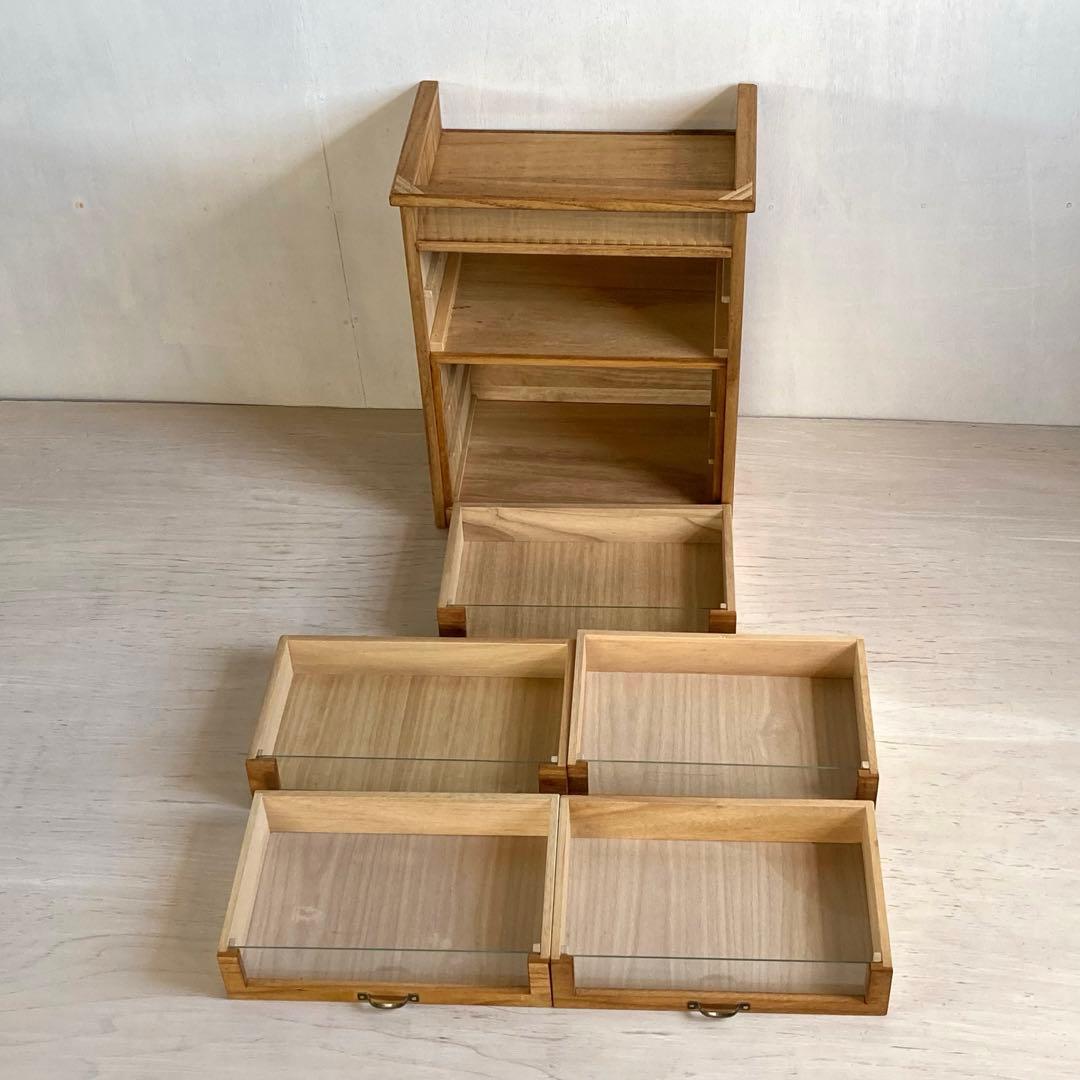 古い木製 5杯 小引き出し 小物入れ モールガラス 糸ケース