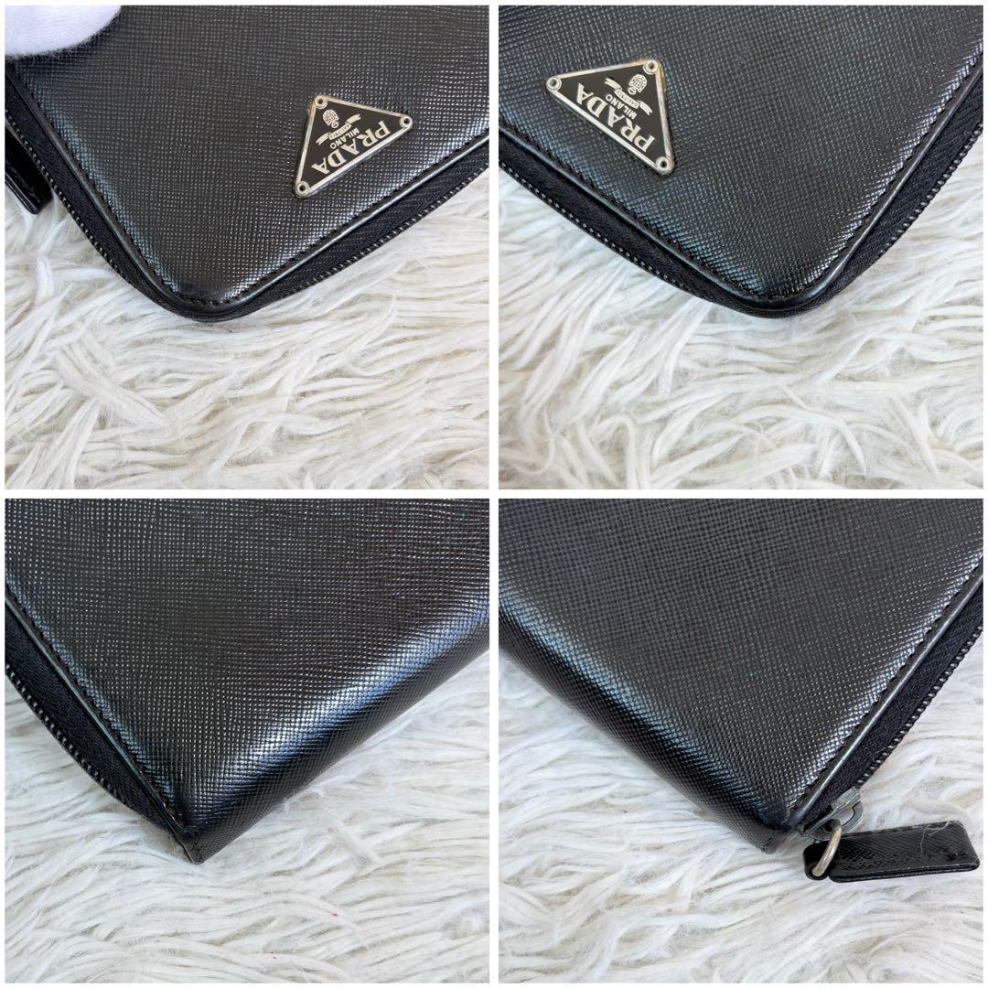 美品✨プラダ 三角ロゴ 二つ折り財布 サフィアーノレザー 黒 ラウンドファスナー