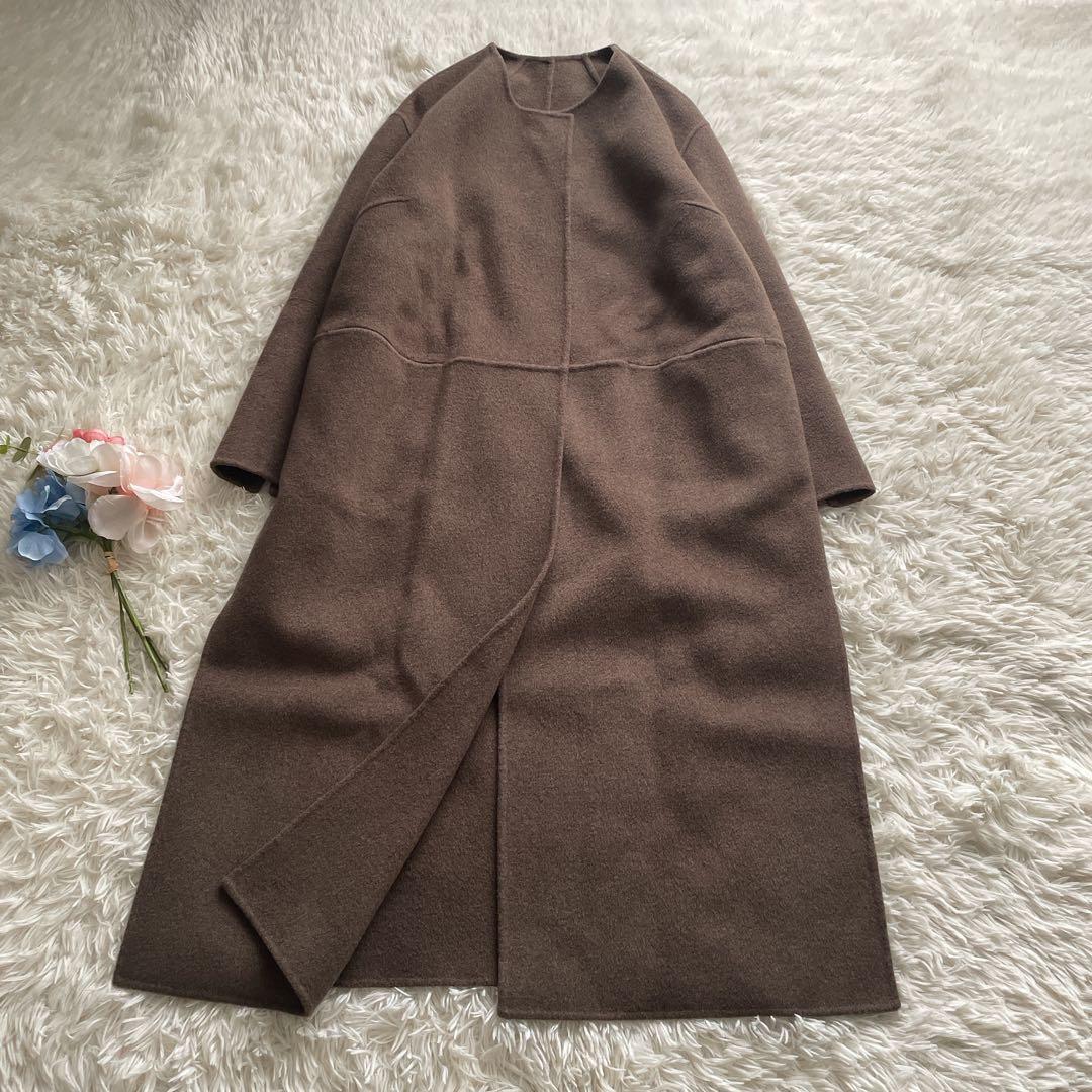 muse リバーロングノーカラーコート　ブラウン　ウール100% 36 人気