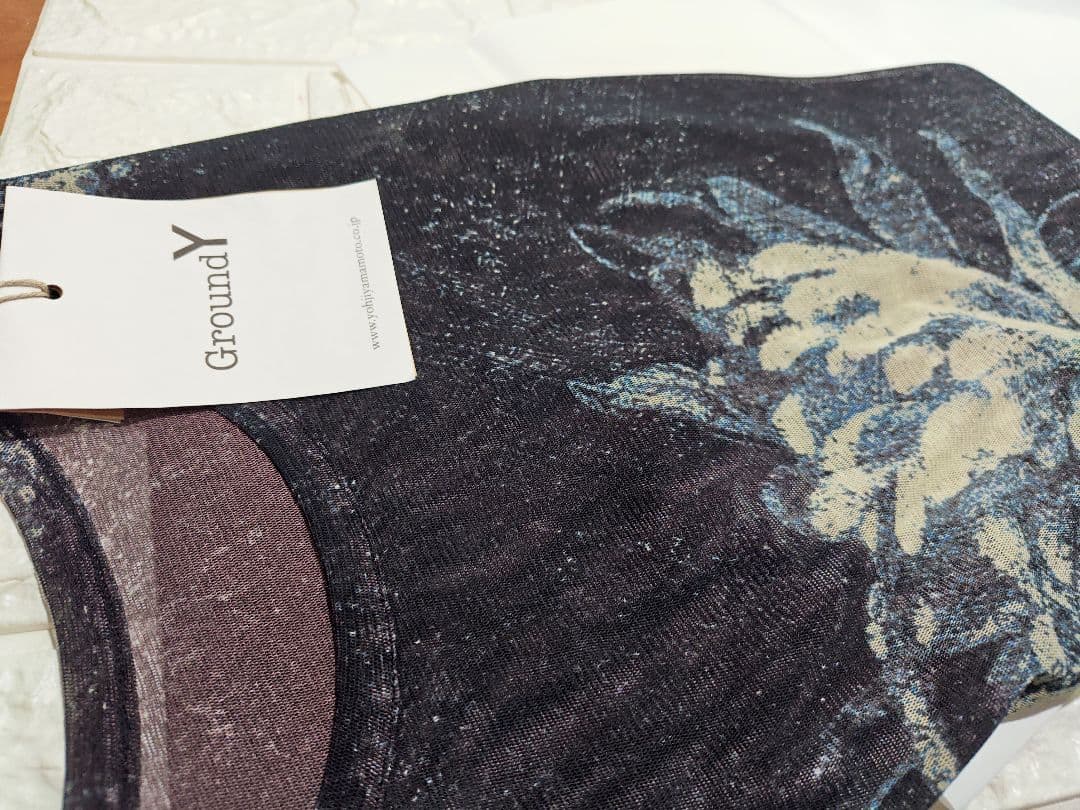 ヨウジヤマモト　GroundYメッシュ素材 長袖Tシャツ 花柄 黒