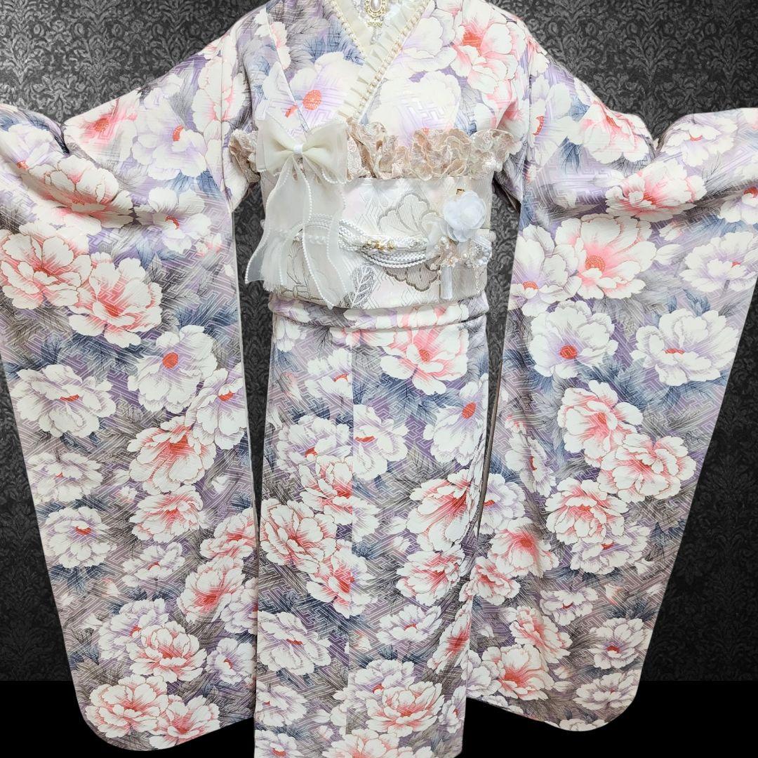 振袖フルセット(8点)・成人式・金彩加工・くすみ・花模様・やまと誂製・胴裏正絹