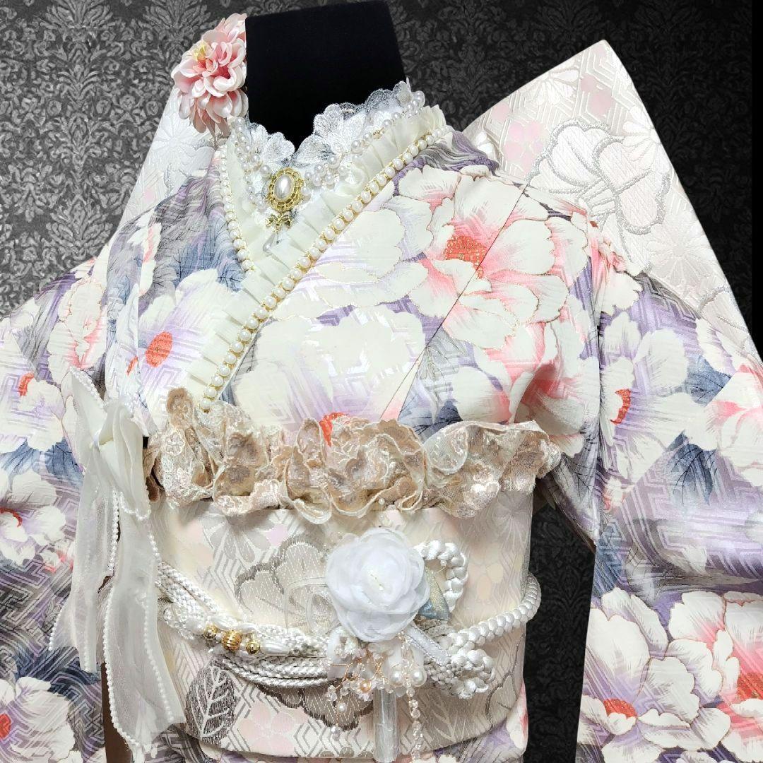 振袖フルセット(8点)・成人式・金彩加工・くすみ・花模様・やまと誂製・胴裏正絹