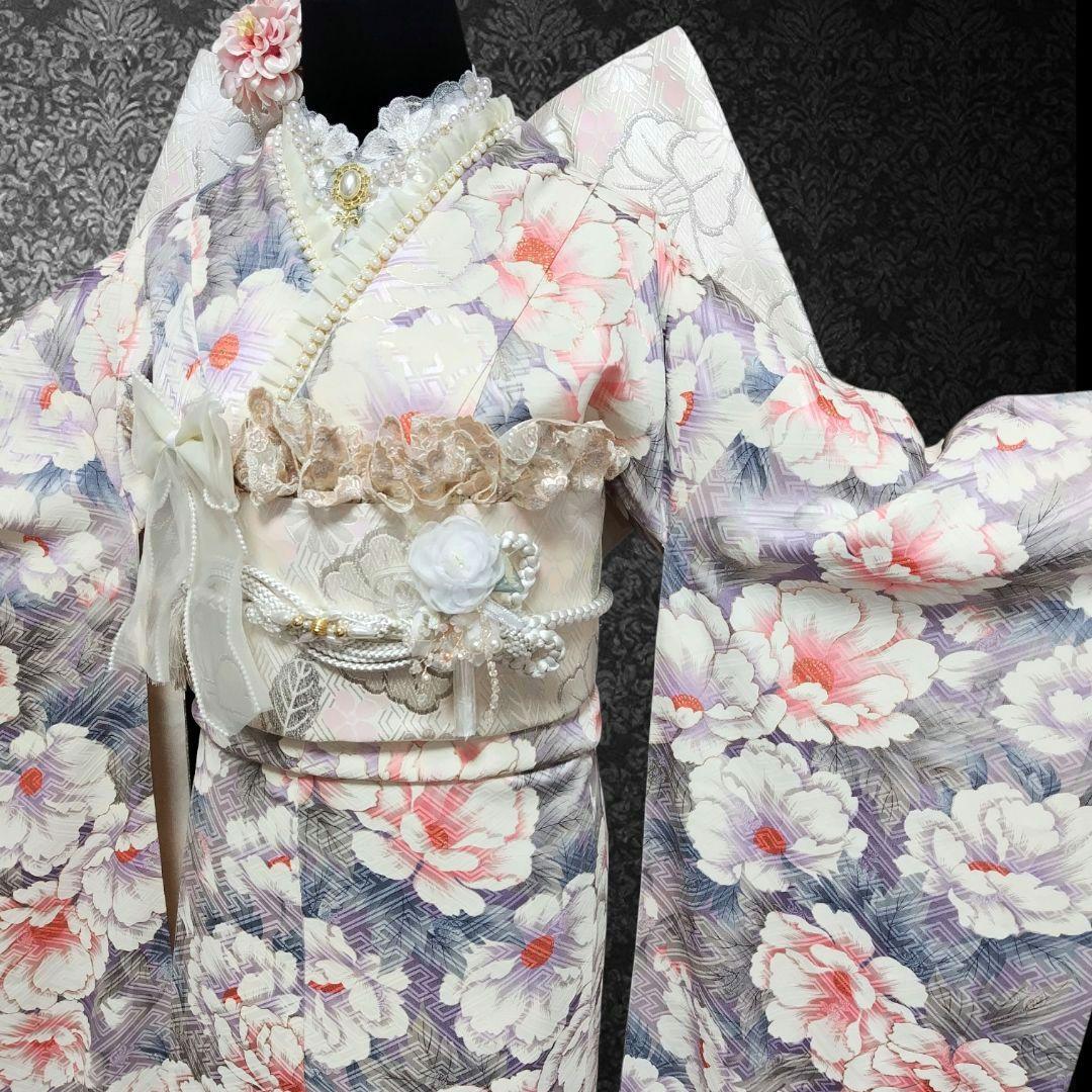 振袖フルセット(8点)・成人式・金彩加工・くすみ・花模様・やまと誂製・胴裏正絹