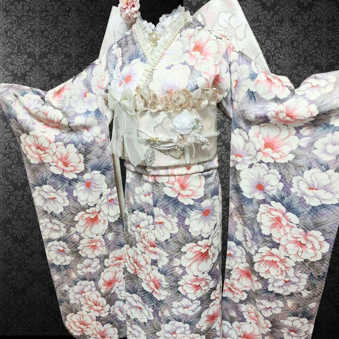 振袖フルセット(8点)・成人式・金彩加工・くすみ・花模様・やまと誂製・胴裏正絹