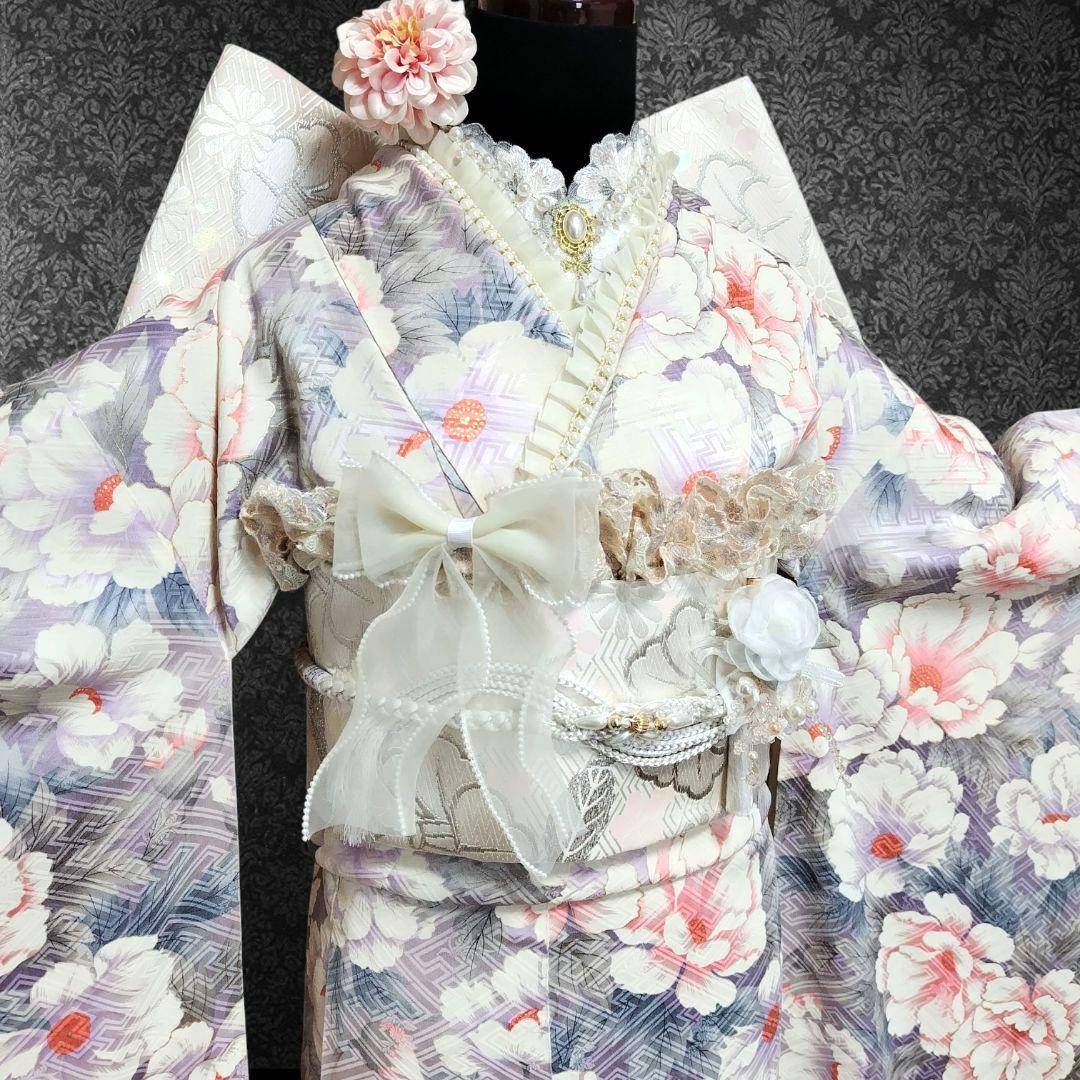 振袖フルセット(8点)・成人式・金彩加工・くすみ・花模様・やまと誂製・胴裏正絹