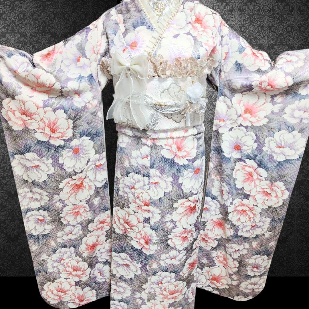 振袖フルセット(8点)・成人式・金彩加工・くすみ・花模様・やまと誂製・胴裏正絹