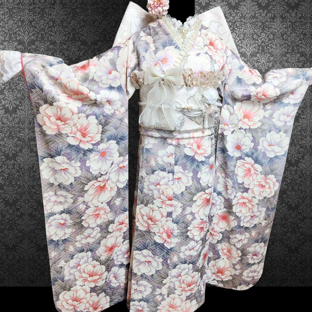 振袖フルセット(8点)・成人式・金彩加工・くすみ・花模様・やまと誂製・胴裏正絹